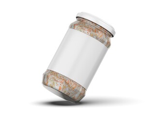 Sauerkraut glass jar mockup template. Marinated cabbage in glass jar with paper lid isolated on white background, 3d illustration