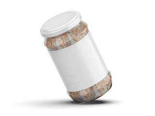 Sauerkraut glass jar mockup template. Marinated cabbage in glass jar with paper lid isolated on white background, 3d illustration