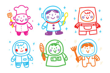 Cartoon Astronauts and Chefs: Delightful cartoon illustrations of adorable astronauts and a chef, each holding a symbolic tool, rendered in vibrant colors. Capturing imagination and whimsy