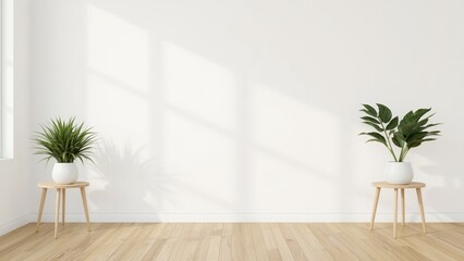 Bright Interior Scene With Houseplants On Wooden Stands And Sunlight