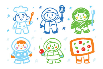 Little Figures' Culinary Dream: A whimsical array of adorable figures each embodying a different aspect of culinary arts, crafted in a playful, crayon-like illustration, evoking joy and creativity.