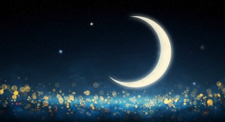 Naklejka premium A crescent moon shines brightly against a dark night sky, illuminated by sparkling lights below