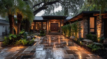Fototapeta premium Elegant front entrance of a modern home illuminated during a rainy evening with lush landscaping