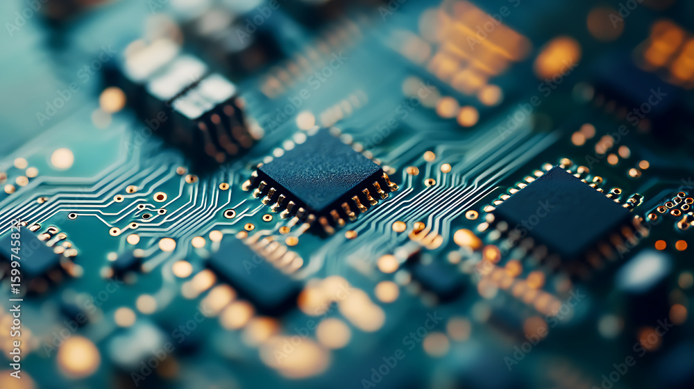 Aufkleber electronic circuit board with microchips and electronic components forming a technological backgroun