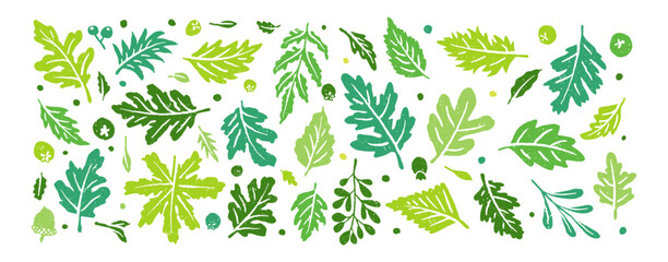 Doodle Green Leaves Clip Art Spring Leaf icon and Background tropical fresh wild and natural in vector	
