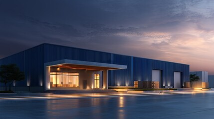 Obraz premium Modern industrial building exterior at dusk, featuring large windows, illuminated entrance, and sleek design, showcasing contemporary architecture and urban environment