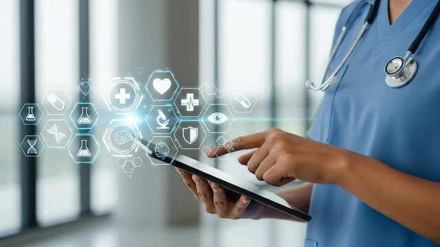 doctor holding digital tablet medical and health icon for futuristic cyber technology over dark blue background medical video