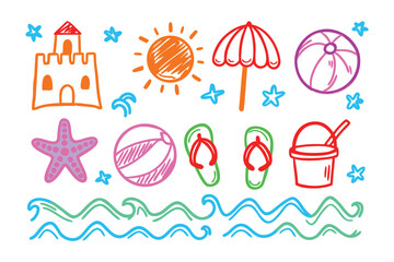 Beach Vacation Doodle: Whimsical summer-themed doodles capturing the essence of a relaxing beach vacation, illustrated with vibrant colors and playful elements. 