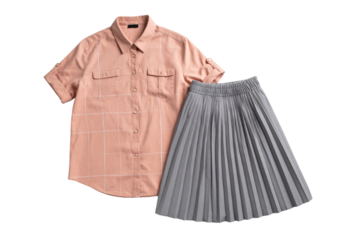 Peach and Grey Checked Boxy Shirt and Accordion Pleated Mini Skirt Set, Transparent Background