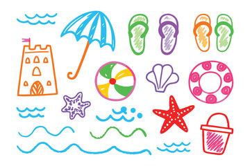 Summer Essentials Sketch: A charming hand-drawn illustration captures the essence of summer fun, showcasing vibrant beach elements like umbrella, ball, and starfish. 