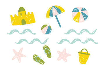 Fototapeta premium Beach Day Delight: Vibrant illustration of seaside objects, featuring a sandcastle, beach umbrella, and various elements associated with a fun-filled day at the beach.