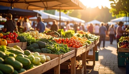 Outdoor market stall overflowing with fresh produce, bustling with shoppers under sunny canopies