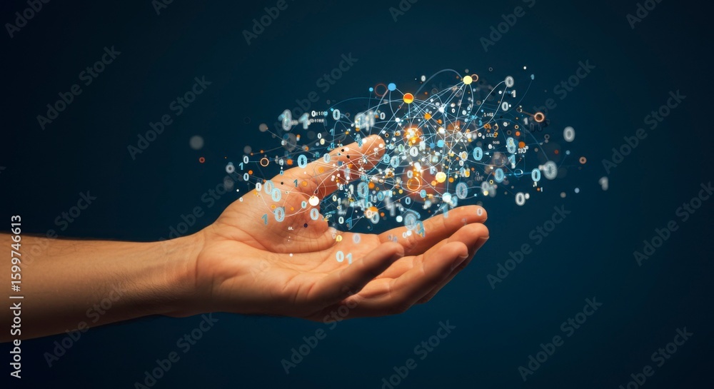 Poster a hand gently cradles a vibrant, swirling network of interconnected nodes and data points, symbolizi