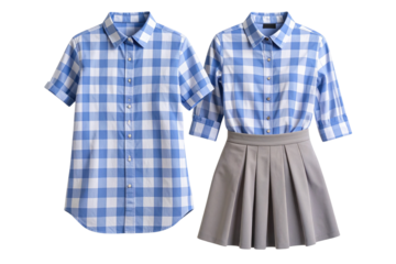 Sapphire Blue and White Checked Poplin Twinset with Notched Shirt and Side-Slit Mini Skirt, Transparent Background