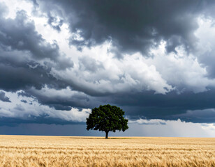 Lone Tree under Dramatic Stormy Sky