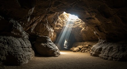 Celestial Light Illuminates Deep Cave Interior: Dramatic Sunbeams in Rock Formation