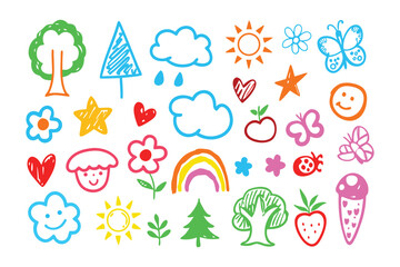 Childhood Dream: A vibrant collection of child-like drawings, radiating pure, unfiltered joy and wonder, showcasing the boundless creativity of a child's imagination. 