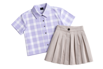 Soft Lilac and Beige Checked Twinset with Cropped Shirt and V-Cut Pleated Skirt, Transparent Background