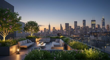 Fototapeta premium Evening rooftop scene with comfortable sofas, plants, city skyline. Dusk sky above with soft lights, great view
