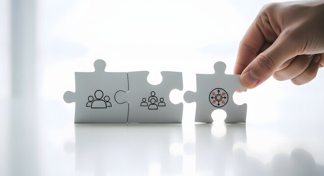 Business strategy and collaboration concept. A hand connects puzzle pieces with team and target icons for market focus