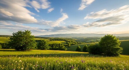 Obraz premium Serene Rolling Green Hills Under a Vast Blue Sky with Wispy White Clouds