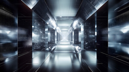 A digital wireframe pattern of interconnected geometric shapes, metallic silver reflections, dark sci-fi background