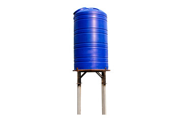 Old blue plastic water tank blue storage system, cistern on large, strong steel structure platform isolated on cut out PNG or transparent background. 