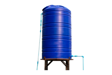 Old blue plastic water tank blue storage structure system with PVC pipes for water supply, cistern on large, strong steel structure platform isolated on cut out PNG or transparent background.