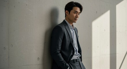 Man in a suit leaning against a wall