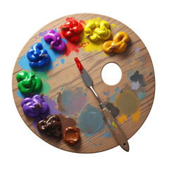 Artist s wooden palette with colorful paints and brush isolated on transparent background