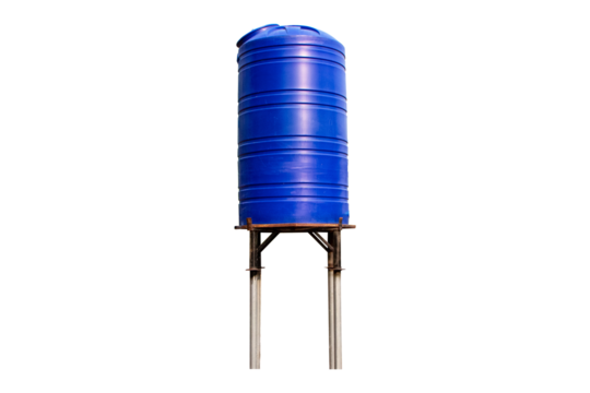 Old blue plastic water tank blue storage system, cistern on large, strong steel structure platform isolated on cut out PNG or transparent background. 