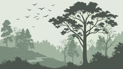 Obraz premium Illustration of a misty forest landscape with trees, a winding stream, and a flock of birds flying above the trees