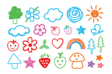 Vibrant Doodle Art Elements: A collection of whimsical doodles bursts with playful energy, depicting a variety of cheerful icons that are perfect for adding a touch of joy to any project.