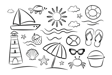 Summer Symbols Line Art: A captivating collection of summer symbols and beach elements, depicted in a simple and elegant line art style.