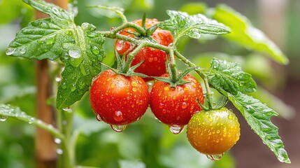 Obraz premium Tomatoes Growing on Vine with Water Droplets After Rain