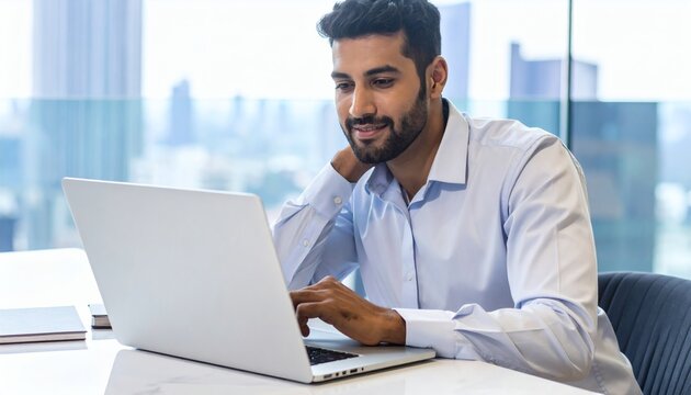 Focused man sitting at desk review information received in e-mail, learns new business AI platform, web surfing using laptop in modern high-rise building office. Innovative tech, business, workflow