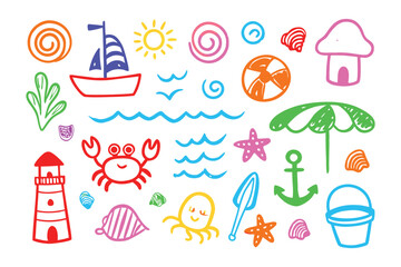 Beach Doodles: Playful and colorful doodles of beach elements including a sailboat, sun, sea waves, a crab, seashells, and more, evoking the joyous spirit of summer. 