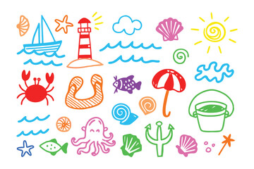 Obraz premium Seaside Whimsy: A charming illustration showcases a vibrant array of beach and nautical elements, meticulously hand-drawn with a touch of creative flair.