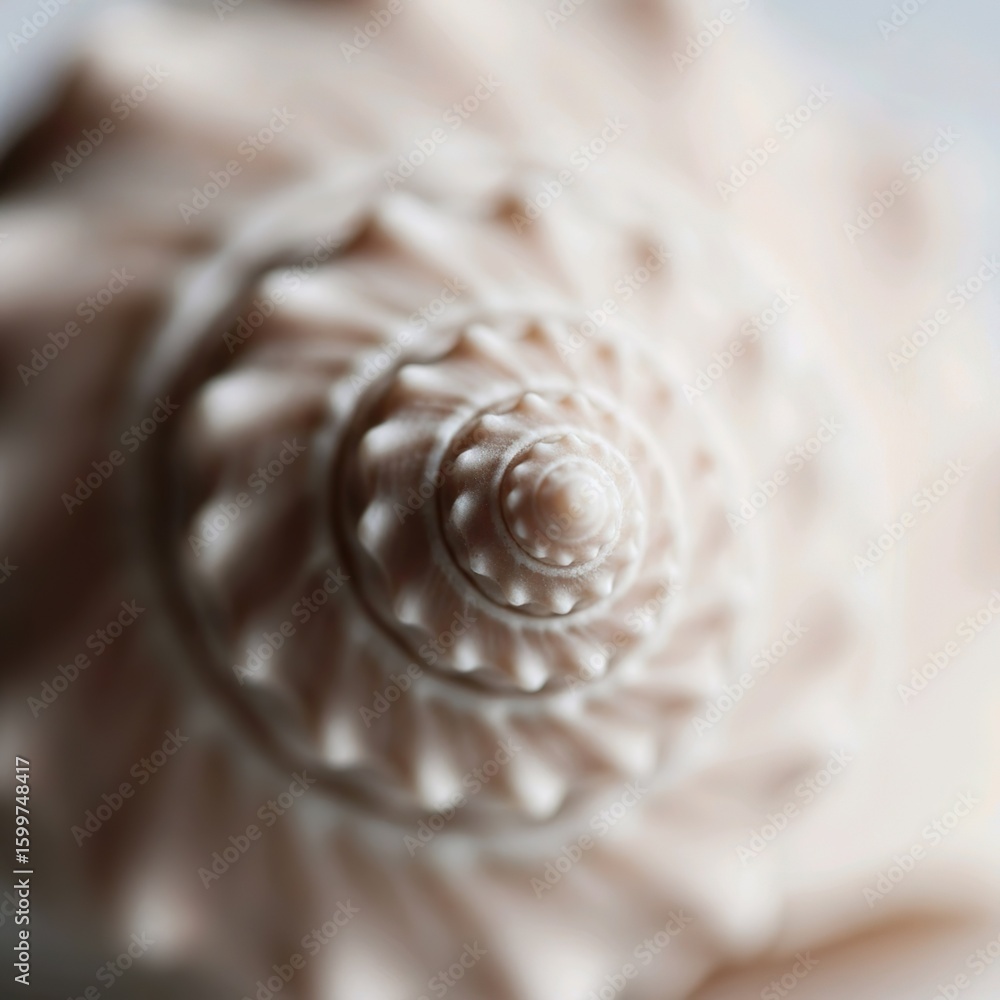 Poster close-up view of a seashell, focusing on the spiral pattern and intricate details of its textured su
