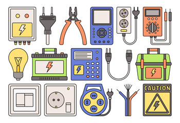 Flat design icons of electrical tools and supplies like plugs, cables, meters, and warning signs, perfect for design projects, infographics, or electrical-related visuals.