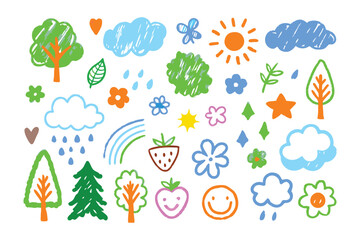 Joyful doodles: cheerful drawings bring smiles with crayon strokes, from smiley to strawberry. 