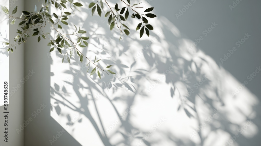 Poster bright afternoon light filters through a window, creating intricate shadows of leaves on a smooth wh