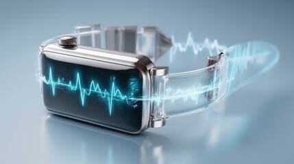 Modern stainless steel smartwatch displaying heart rate and health data with digital waveform and sleek medical interface, Generative AI
