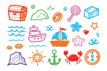 Playful Sea Treasures: A colorful hand-drawn assortment of whimsical marine elements invites adventure, offering a glimpse of hidden treasures and nautical delight.