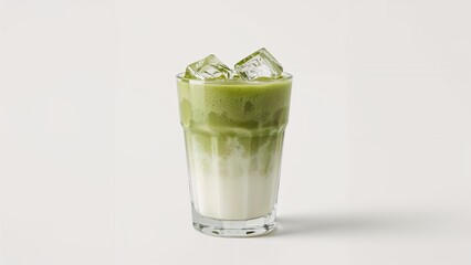 high-quality image of iced matcha latte in a transparent glass with ice cubes. Layered green tea and milk create a refreshing and visually appealing drink. Isolated on white.