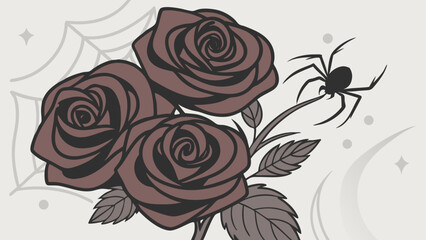 Illustration of three roses with a spider and spiderweb on a cream colored background artwork design
