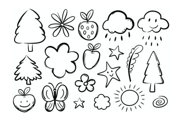 Playful Sketches of Nature: A collection of whimsical hand-drawn sketches features a variety of nature-inspired elements, including clouds, stars, flowers, trees, and more