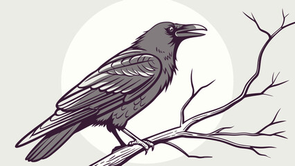 Obraz premium A drawing of a raven perched on a bare branch against a pale moon in a grayscale color palette style art