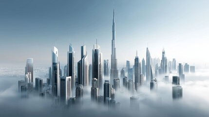 Futuristic skyline of Dubai with tall skyscrapers emerging from morning fog in a dreamy vertical cityscape concept, Generative AI