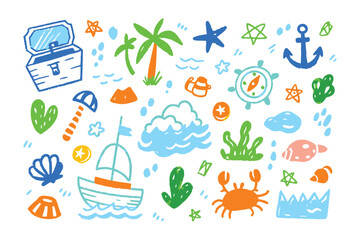 Oceanic Doodle: A whimsical collection of hand-drawn elements, including a sailing boat, treasure chest, crab, and other elements, embodying the essence of the sea.